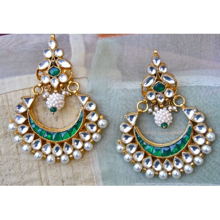 Kundan Emerald Chand Bali Earrings